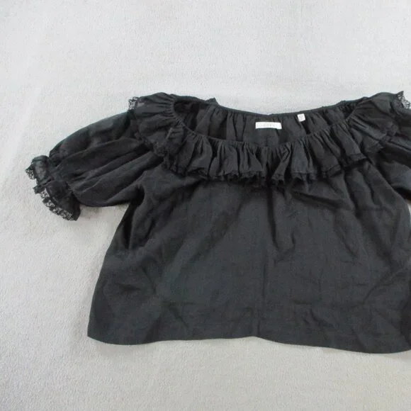 DOEN Samara Top Womens Small Black Ramie Tencel Blend Lace Ruffles Puff Sleeve - Picture 4 of 14